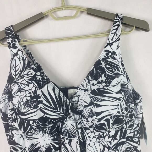 Swim Solutions Swimdress Womens 18W Black White Floral One Piece Tummy Control - Picture 6 of 16